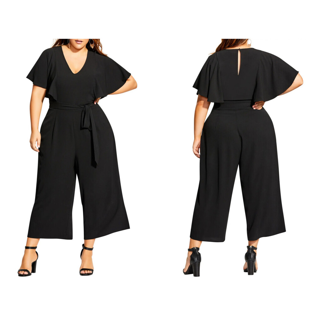 City Chic Romantic Flutter Sleeve Wide Leg Jumpsuit In Black Size L 20